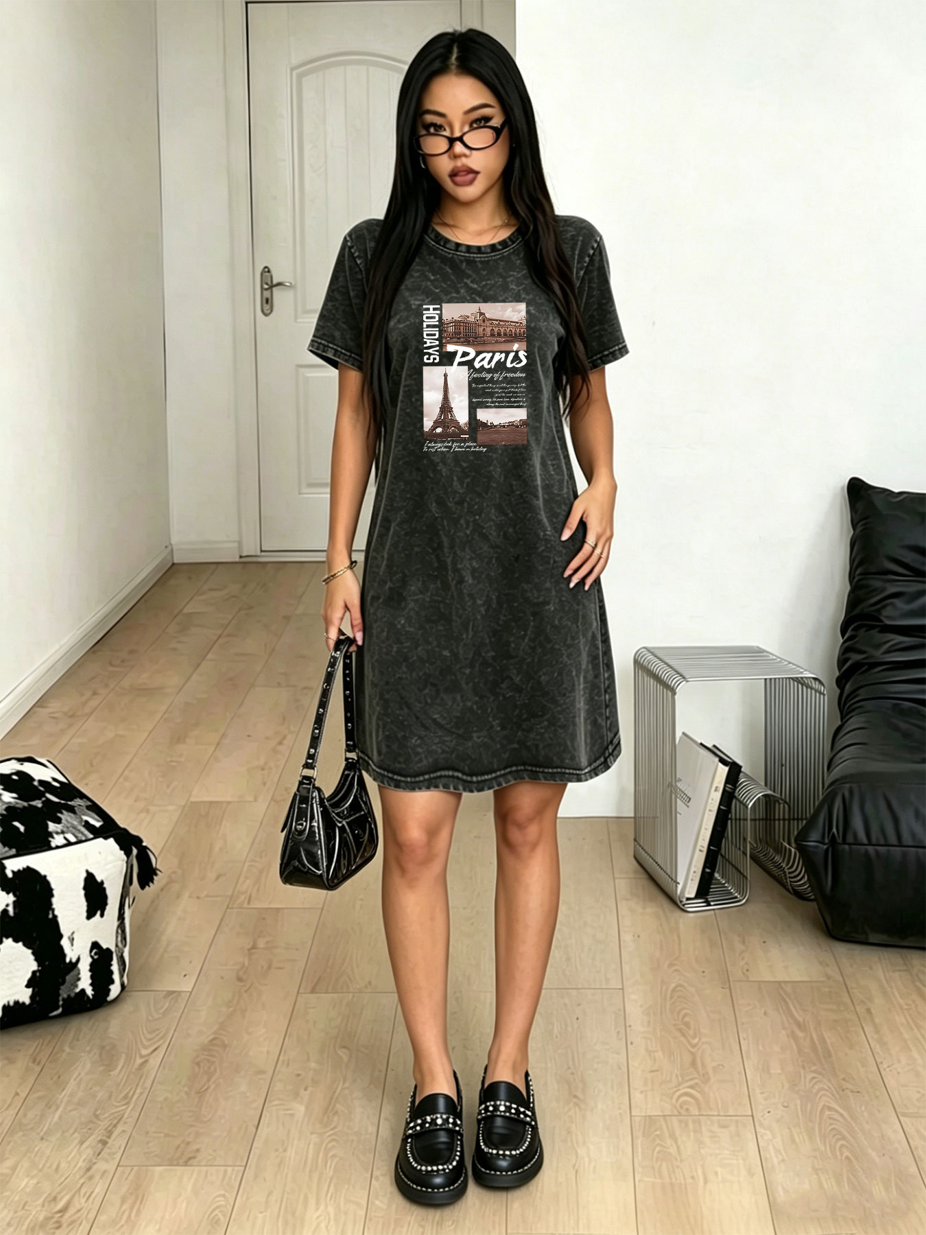 Streetwear Brand In Paris - Kadın yıkanmış vintage tişört elbise, Paris
